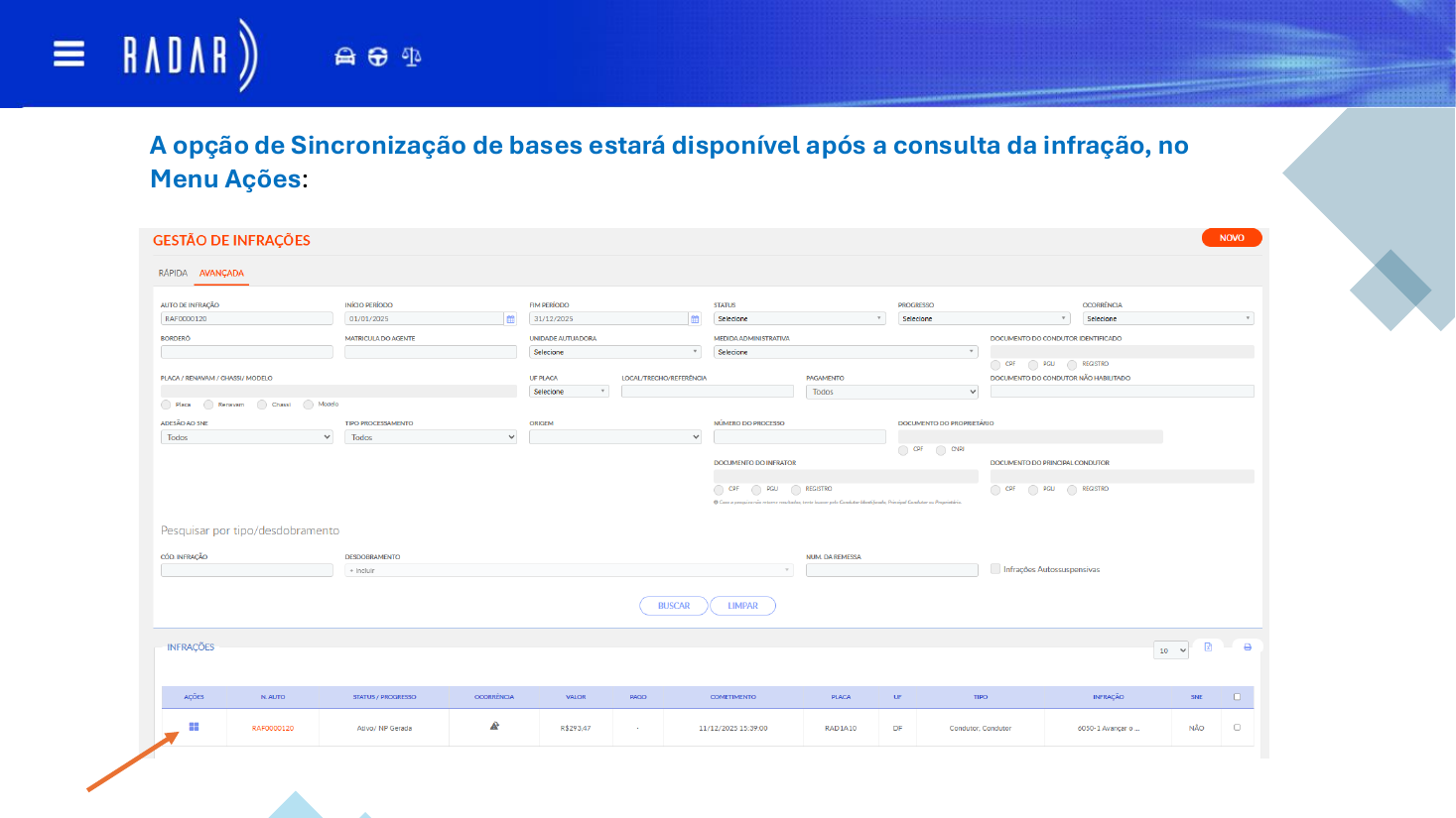 Menu Ações da infração na tela de Gestão de Infrações