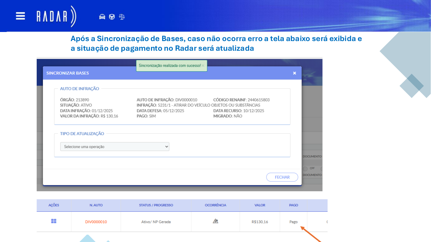 Cenário 2 - sincronização realizada com sucesso
