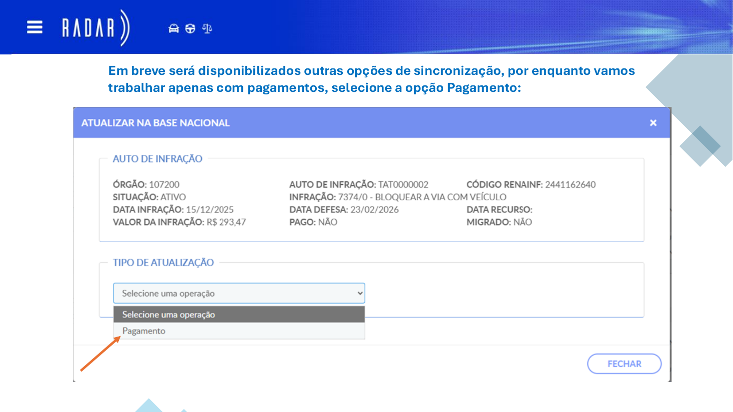 Seleção do tipo de atualização Pagamento